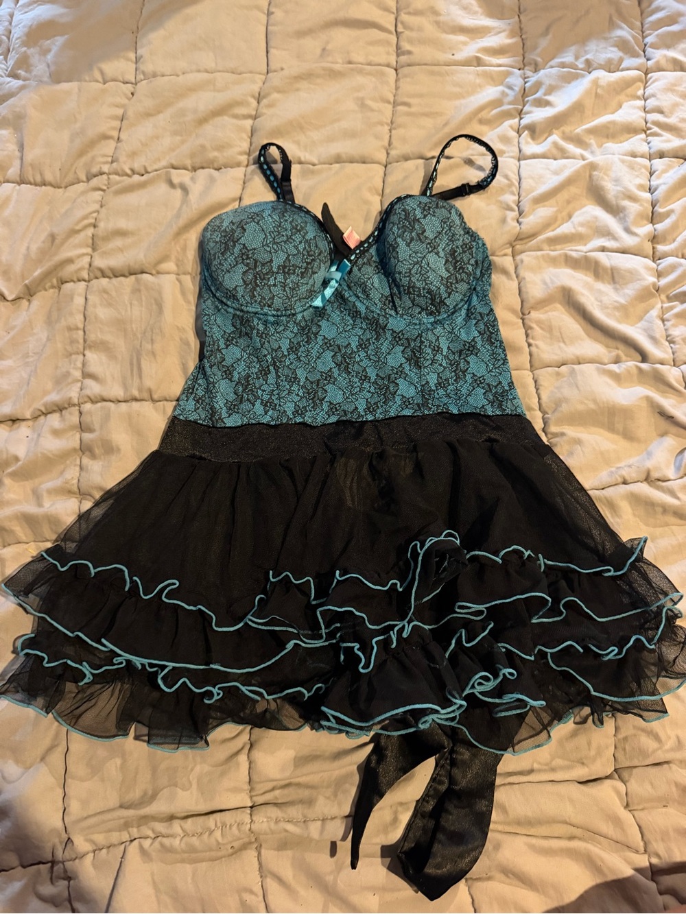 Aqua Lace & Black Ruffle Chemise with Bow Detail